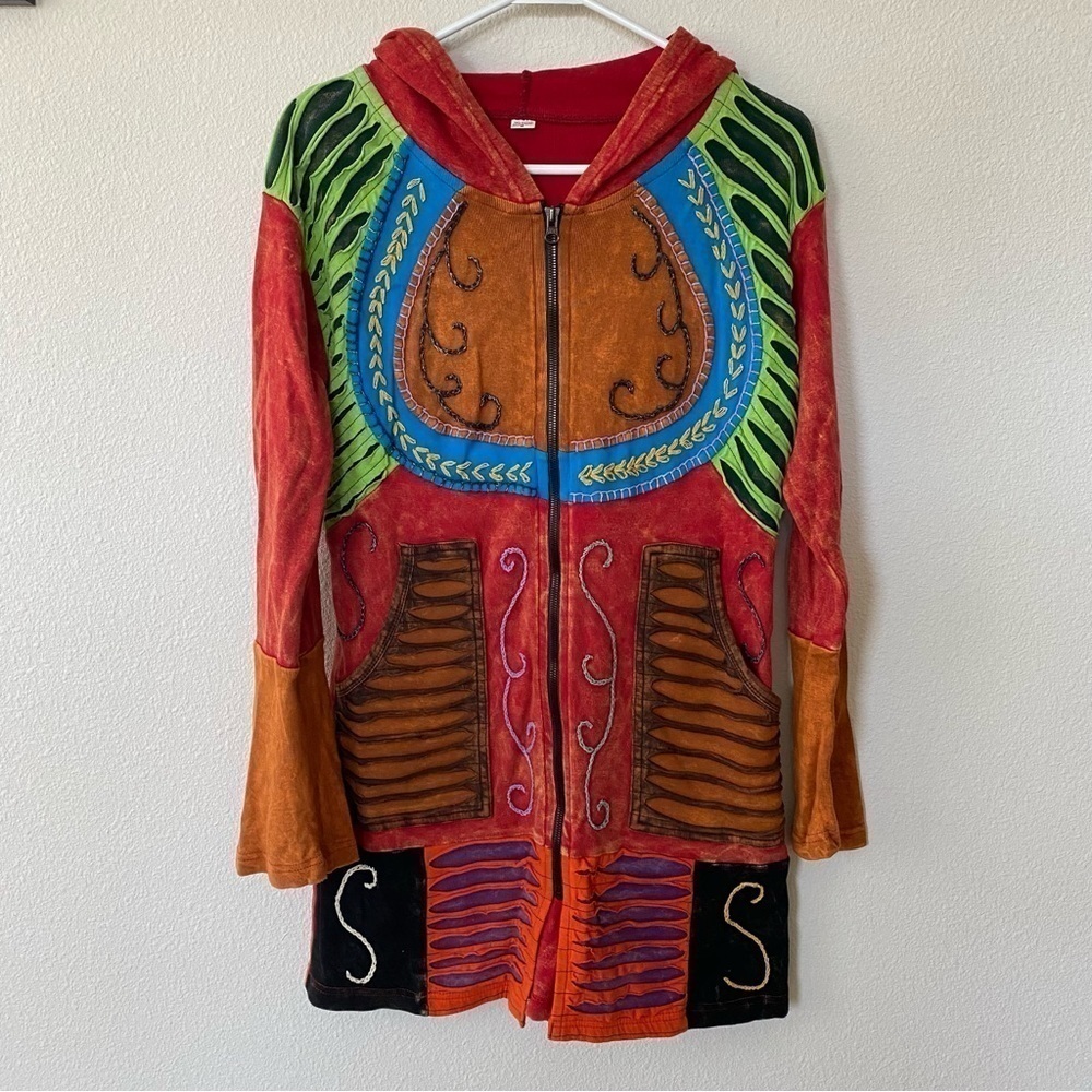 Colorful Boho Patchwork Zip Hoodie Jacket - Red/Green/Blue